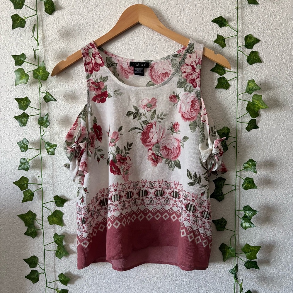 Timing Women’s Pink Floral Print Ruffle Short Sleeve Open Shoulder Top Size S